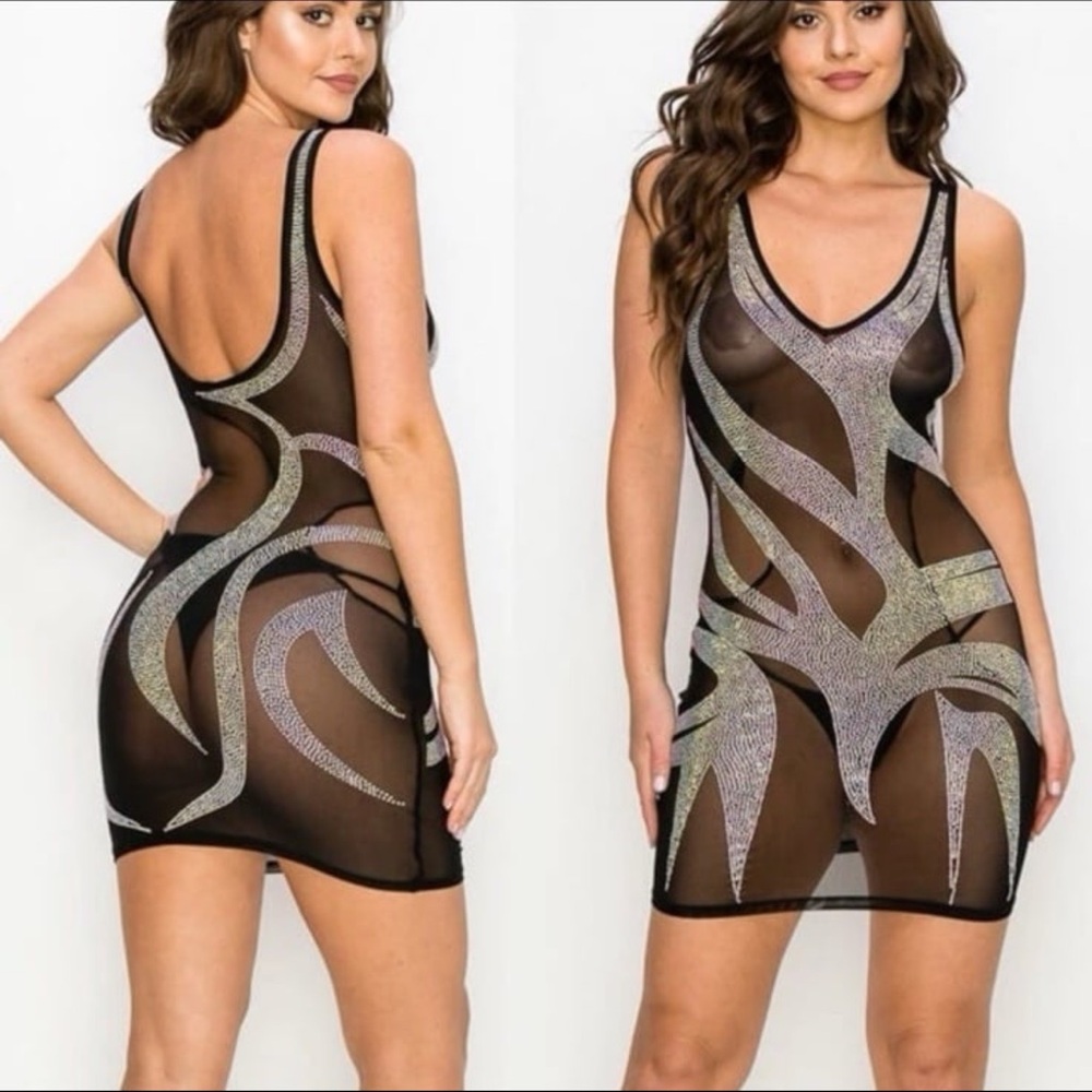 Banjul Sheer Rhinestone Flame Bodycon Mini Dress Black Mesh & crystal LARGE